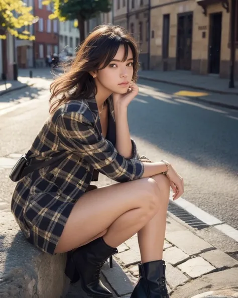 «A stunning young woman with flawless skin and sharp features, dressed in a checkered mini dress and short jacket. Her white shirt is unbuttoned at the top, revealing a hint of her collarbone. She wears bold rings, high-heeled ankle boots, and her hair is ...