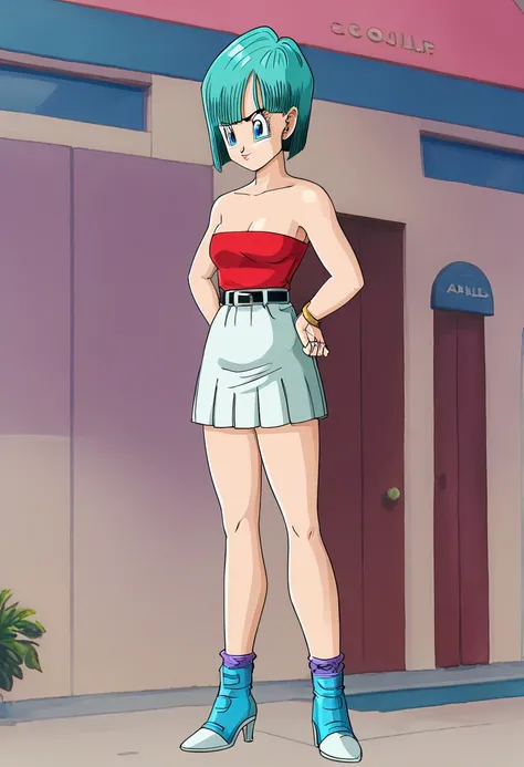 Bulma, cabello corto, aquamarine hair, bob cut style .,  water colored hair ,  Bangs ,  ojos azules, attire, From Saga de los Androides ,  strapless red shirt , White Pleated Skirt,  bare shoulders, cowboy grip ,  looking sideways , serious guy.  Full Body...