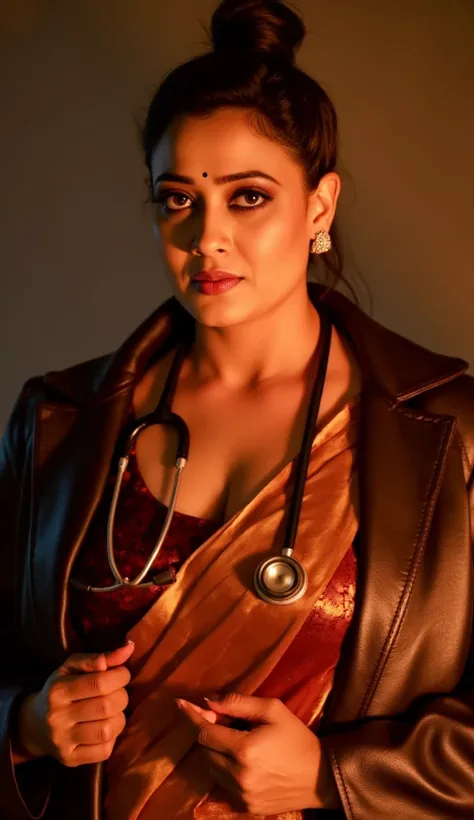 a photo portrait of a beautiful woman doctor aunty, 50 years old, satin saree, leather coat, stethoscope hanging around her neck, hair tied up in a bun, milf aunty, thick arms, big boobs, feminine curve, deep red lips, cleavage visible,revealing attire, st...