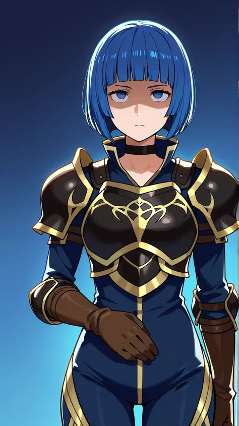 Hector (fire emblem),neutral, expressionless, standing, looking at viewer, (((blunt cut, bob, blunt bangs, bob cut))), wiry, gloves, choker, blue black bodysuit, black shoulder,cowboy shot,Shaded face, rolling eyes, no pupils, 1girl, solo, blue hair, blue ...