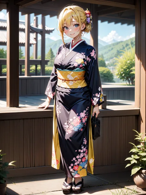 、 A shrine in the mountains in the countryside ,Blur the background a little、A wisteria trellis in the back 、

、Expensive Kyoto Kimono Outfits ,  brightly colored kimono 、Nishijin weaving、 A kimono with a beautiful flower pattern,Very detailed depiction of...