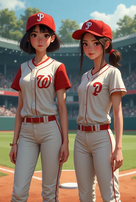 Adi is tall and with short black hair she is a baseball player and Hasly is smaller with long brown hair. A cover for a book that is realistic,  please 