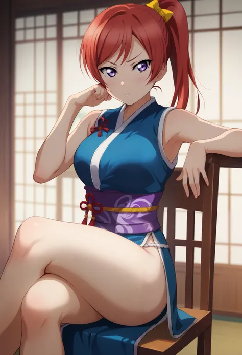 Maki nishikino,love live,highres,red hair , purple eyes ,blush ,looking at viewer , wearing kasumi doa clothes, sitting on wooden chair, right side elbow support, crossed legs,thick thighs ,big breasts, young girl,bored,one hand on thigh,ass slightly visib...