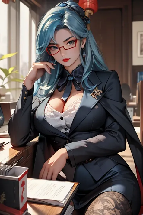  the highest quality 、obra maestra、High sensitivity、 high resolution、Goth lawyer 31 years old, big boobs traje formal azul,  long light blue hair,  looking at the camera, with round lenses on a chair Wassily an office with a Chinese toothpick to pick up th...