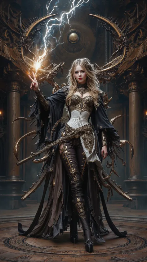 A complex work ， depicting a charming European Instagram model playing a charming witch， with exquisite detail and high quality ， Exploring the art of wizards casting magic thunder spells ，