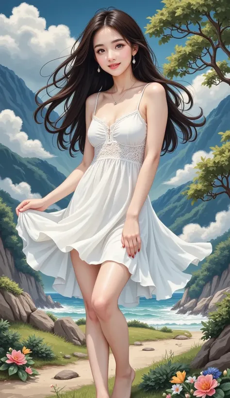 intense ink painting、 beautiful 1 woman、 perfect style with both legs、Long, flowing black hair、 pretty brown eyes、 pink lips、A gentle face、 look at me and smile、 earrings、 necklace、flowing white long dress 、Barefoot、beautiful mountain waves 、 Rock Field、bi...