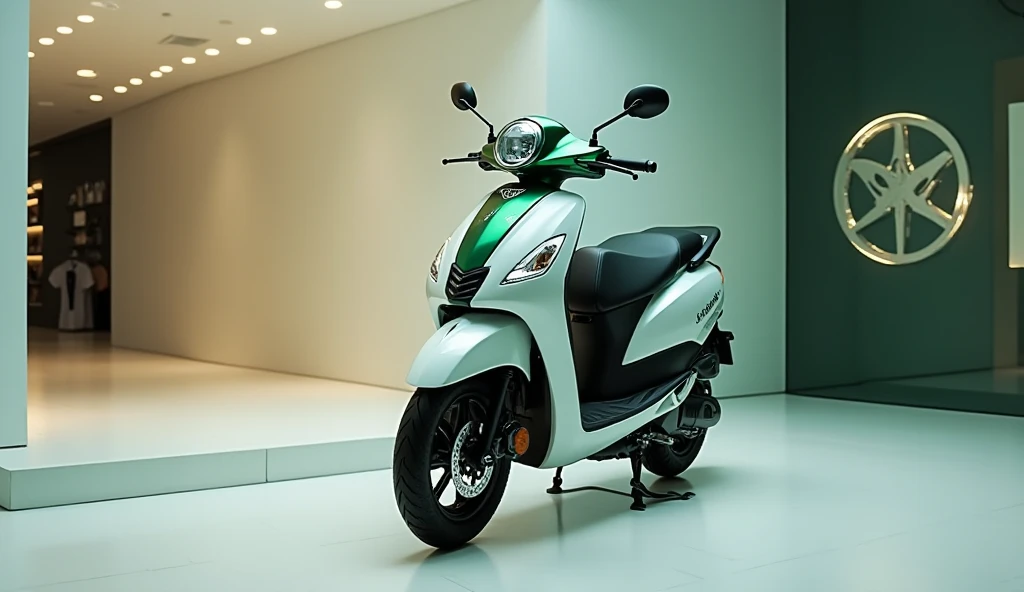 2024 Yamaha Grand Filano front side view green white color luxury style logo on with heading in showroom 
