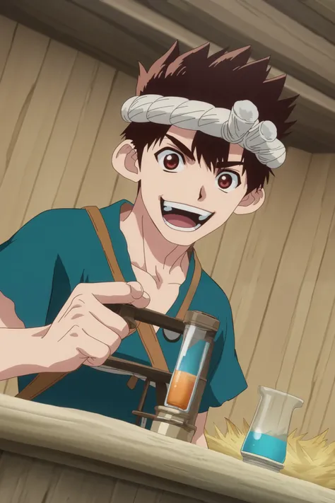 score_9, score_8_up, score_7_up, source_anime, rating_safe, , anime screencap, , official style, , depth of field, 1boy, solo, male focus, chrome_dr_stone, brown hair, brown eyes, short hair, spiked hair, headband, , suit jacket,, primitive laboratory, ((e...