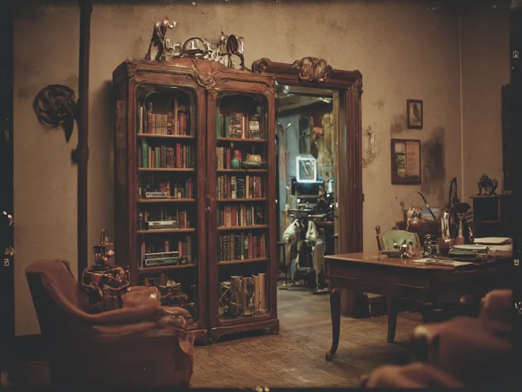 vintage photo of a secret high-tech laboratory behind the bookshelf of an antique victorian mansion study room, film grain