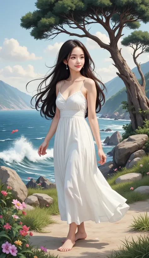 intense ink painting、 beautiful 1 woman、 perfect style with both legs、Long, flowing black hair、 pretty brown eyes、 pink lips、A gentle face、 look at me and smile、 earrings、 necklace、flowing white long dress 、Barefoot、beautiful mountain waves 、 Rock Field、bi...