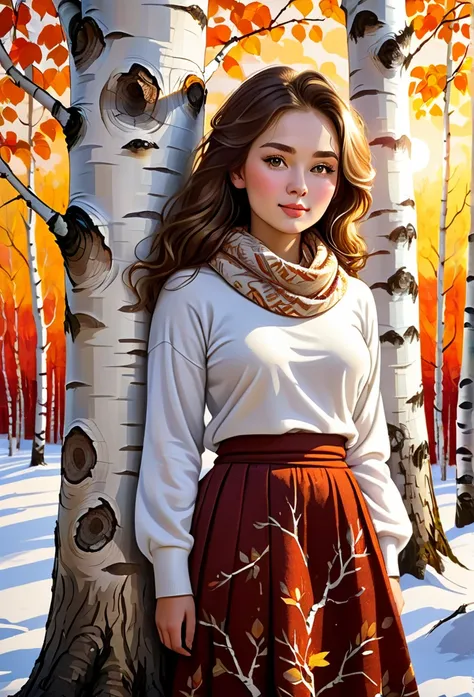  young russian girl,  the scarlet sunset shines in the background ,  intricate details in the tatami room,  old canvas , " girl by the white birch " ( in the style of , Cuddle up to a white birch tree trunk wearing a top and maxi skirt with a ),  A beautif...