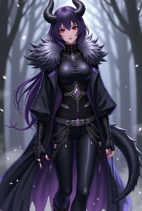  Dahlia is a tall woman  (247 cm)  with black hair ,  shining purple ,  and red eyes with vertical stars crustaceans ,  resembling snakes . Its gracefully curved grey dragon horns give it a majestic appearance, and a long, rather thick dragon tail,  covere...