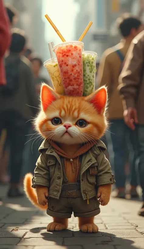 kitten (kitten cat orange  , cute, dressed with ragged clothed),  carrying a lot of boba drinks on his head, with a sad face ,  tears streaming down the side of her eyes, many people saw her 