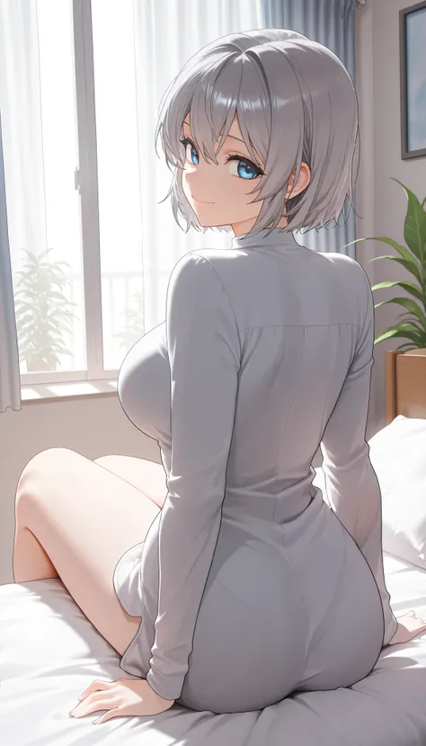 1girl, solo, looking at viewer, smile, short hair, blue eyes, large breasts, closed mouth, sitting, medium breasts, grey hair, indoors, looking back, from behind, pillow, window, on bed, plant, curtains