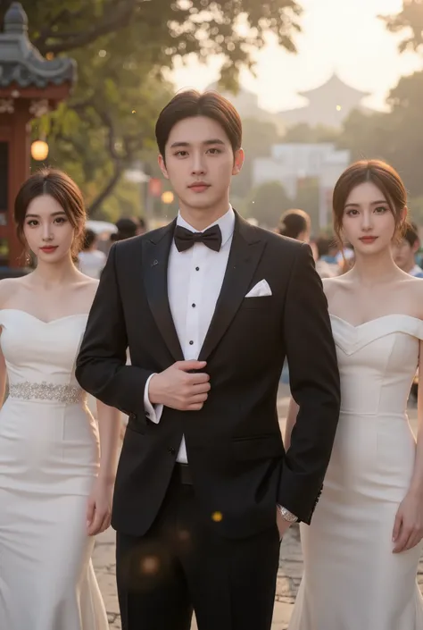 A handsome groom in a black tuxedo with a bow tie stands confidently in the foreground, holding his lapel. Two beautiful brides in elegant white wedding dresses stand behind him. Both brides wear soft makeup with delicate smiles, and their hair is styled i...