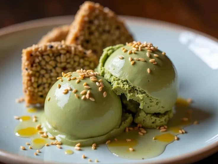 A luxurious serving of earthy matcha ice cream paired with crisp black sesame shortbread, sprinkled with toasted sesame seeds and drizzled with a hint of honey for a refined, Japanese-inspired dessert.