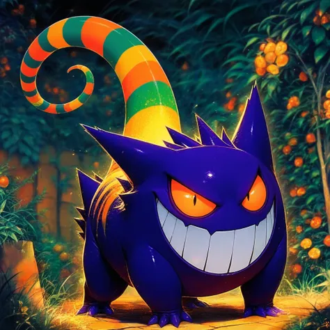 (masterpiece), best quality, solo, creature focus, lizard gengar with green and orange color palette 

