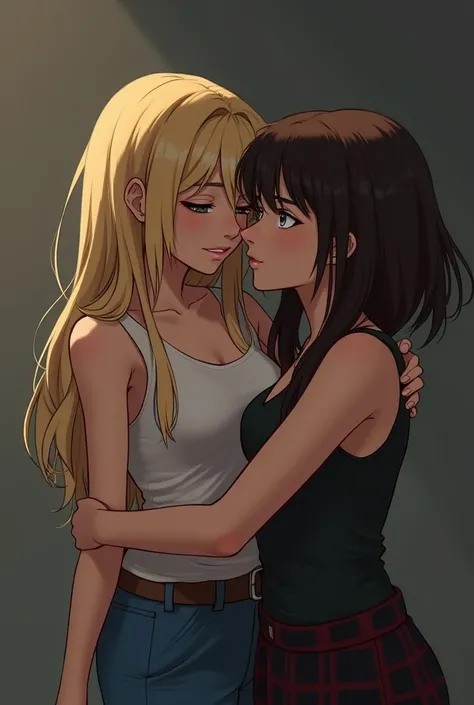 Two 17-year-old s : a blonde and a brunette.  The brunette embraces the blonde from behind , with an expression of false friendship.