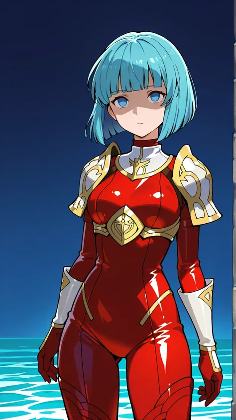 Eirika (fire emblem),neutral, expressionless, standing, looking at viewer, (((blunt cut, bob, blunt bangs, bob cut))), wiry, gloves, choker,  red bodysuit, white gold shoulder,cowboy shot,Shaded face, rolling eyes, no pupils, 1girl, solo, Water blue hair,L...