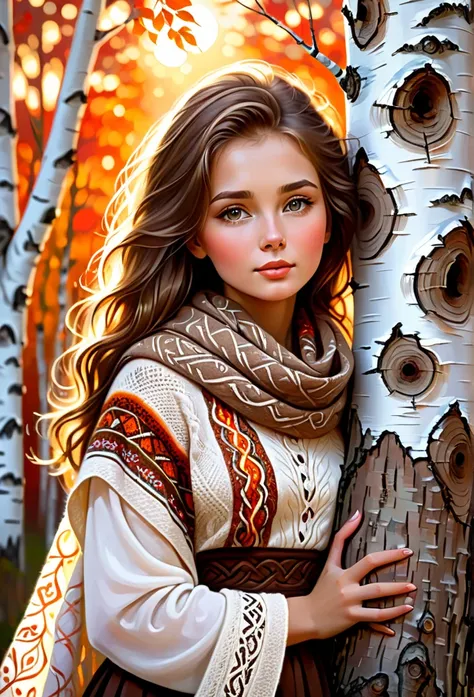  young russian girl,  the scarlet sunset shines in the background ,  Intricate Details,  old canvas , " girl by the white birch " ( in the style of , Cuddle up to a white birch tree trunk wearing a top and maxi skirt with a ),  A beautiful girl with brown ...