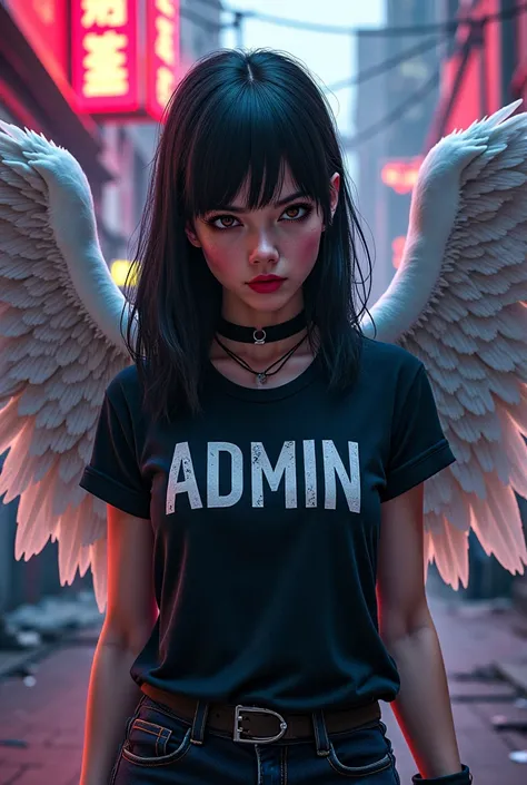  GTA style young woman with straight black hair, Angel wings and t-shirt written admin 