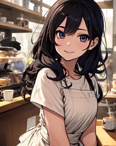 ( adult woman):  Japanese anime style、 Japanese Manga Style 、solo、( perfect face)、(Detailed clothing)、 A Single Elegant Woman 、(The coffee shop hostess )、３５talent、 Her Eyes Are Seriously Smiling Her Mouth 、 dark brown hair 、 Her Hair Is Relaxed and Wavy To...