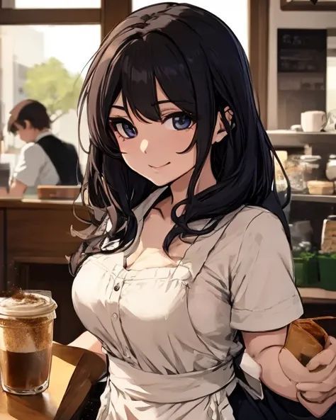 ( adult woman):  Japanese anime style、 Japanese Manga Style 、solo、( perfect face)、(Detailed clothing)、 A Single Elegant Woman 、(The coffee shop hostess )、３５talent、 Her Eyes Are Seriously Smiling Her Mouth 、 dark brown hair 、 Her Hair Is Relaxed and Wavy To...