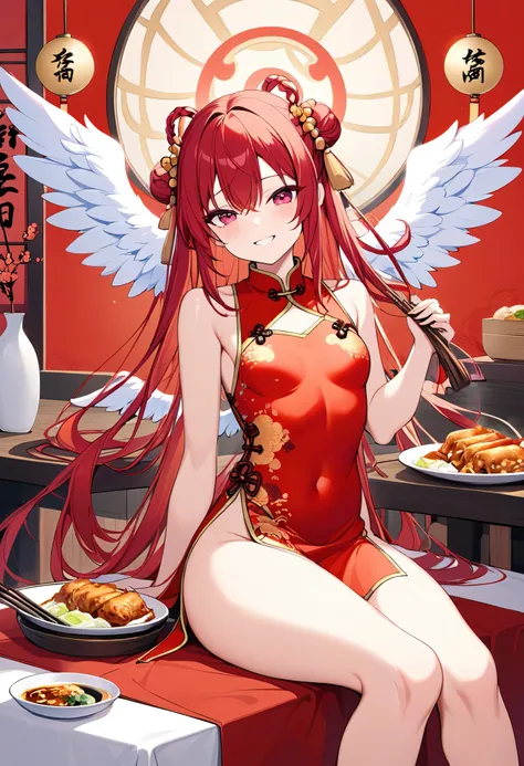    one girl、 red hair 、 Red、 Tiny Breasts 、  long hair、Angel Wings 、 With a Bright Smile 、 Chinese clothes、Chinese restaurant、to have a bright smile 、like々New Appearance、 short、 Seductive Thighs 