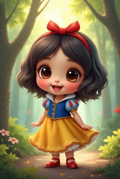  Chibi style baby girl , Dressed as "snow White",  Big brown furry eyes , Smile, In a magical forest.