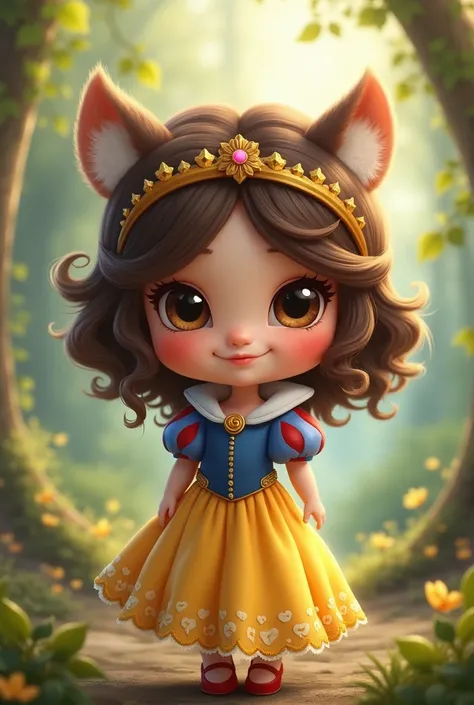  Chibi style baby girl , Dressed as "snow White",  Big brown furry eyes , Smile, In a magical forest.