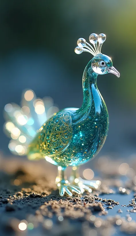 A peacock made of glass、 cute、Very small、 colorful、 real 、Photo style、 cute、