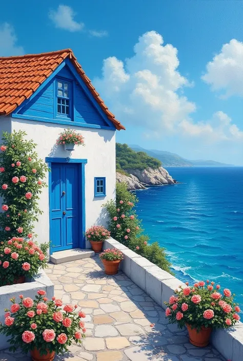  Impasto painting featuring a charming little blue and white house on the quiet shores of Turkey's Aegean Sea. The house, 伝統的な詳細Decorated with,  stands out against the sky with a blue top half . The crystal-like water 、 it boasts the blue hues of the Carib...