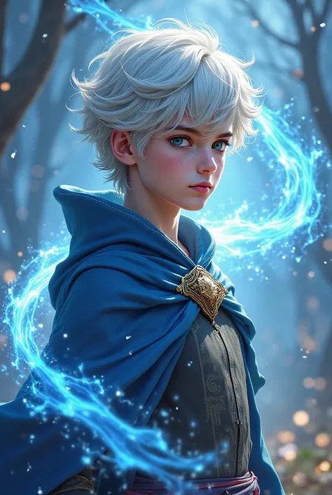 Create a picture of a cute boy, silver waivy hair, wearing war mage robe sorrounded with magic