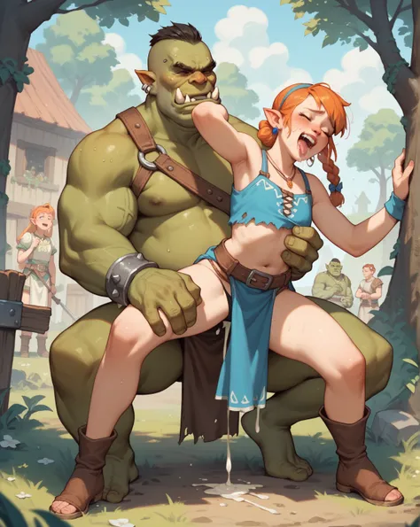 Fantasy, petit fairly raped by a loincloth orc , (sex:0.05) , (cum:0.8) , (clothed fairly) , orc village , loosebody , ugly face