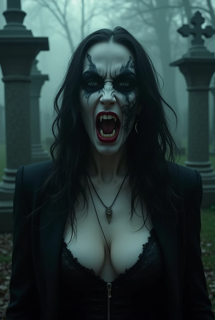 ( Masterpiece ,  better quality:1.2), ((( 1 person, female vampire))) , One,  High definition,  better quality, full shot of a strong woman , open mouth two vampire fangs ,  two sharp vampire fangs stick out of your teeth like a wolf,   pale white skin ang...