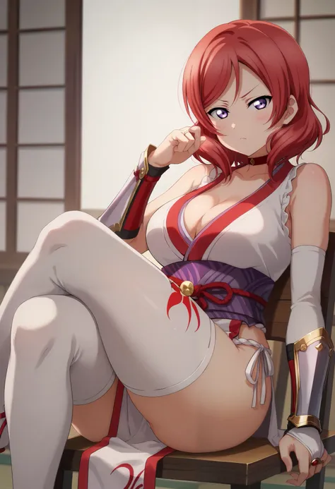 Maki nishikino,love live,highres,red hair , purple eyes ,blush ,looking at viewer , kasumiwhite, japanese clothes, red choker, white clothes, red collar, white arm guards, sleeveless, white bridal gauntlets, pink obi, pelvic curtain, weapon, white fundoshi...