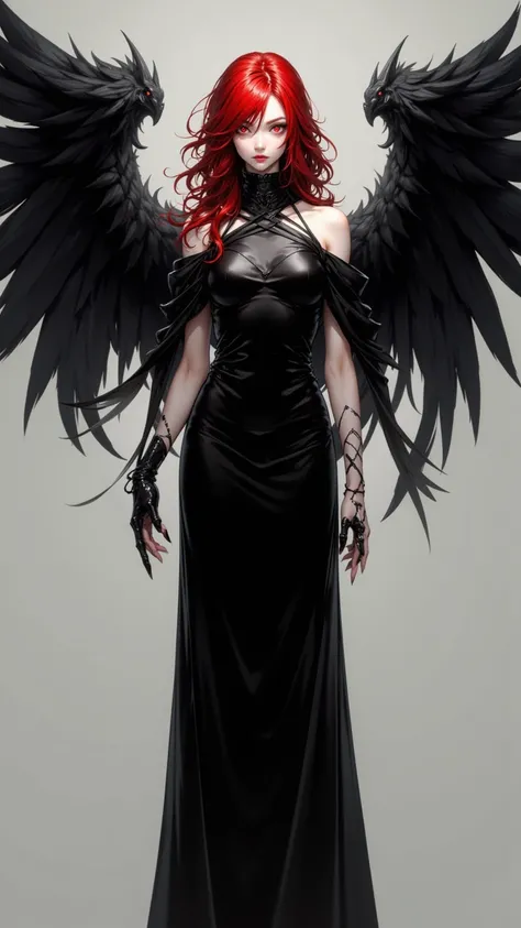  Single girl with demonic features ， with fiery red hair ， Dark Red Eyes ，Solemn wings ， Sharp claws ， wearing an elegant black dress ， shows off a beautiful and breathtaking appearance。