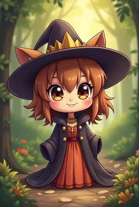  in Chibi style , Dressed as "Stepmother Queen", Big brown furry eyes , Smile, In a magical forest.