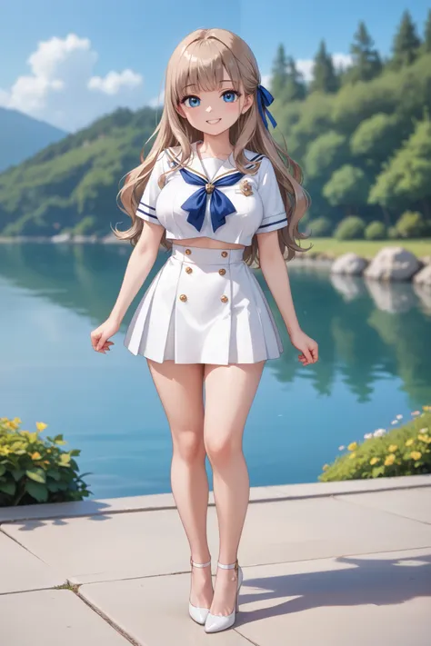 Perfect composition, Proper placement, Golden Ratio, masterpiece,  best quality,  high definition ,  one  Girl, Cute (Girl:(loli:1.5), full body focus, full body shot, view the viewer, smiling, standing,  Wearing a Japanese High School Sailor Suit:1.331, W...