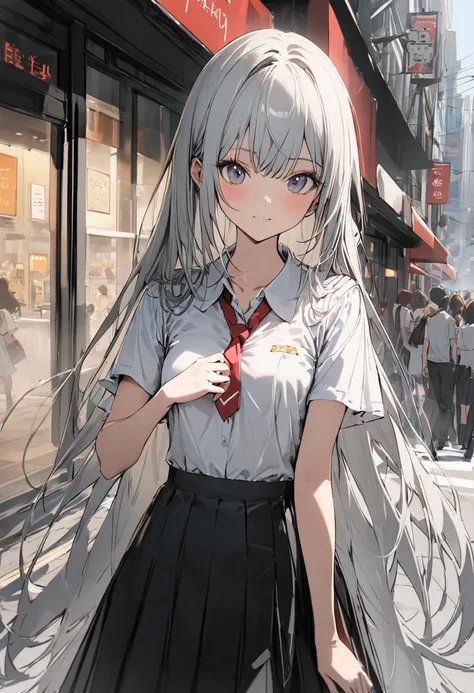 (1 person,  high school girl, summer uniform, slim, Tiny Breasts , feminine, silvery long hair,slope_eye),break,( MEET ME ON THE STREET,Me and happiness ),break,conceptual art ,  Masterpiece,  super detailed,   Attention to Details  ,  high quality, 最 high...