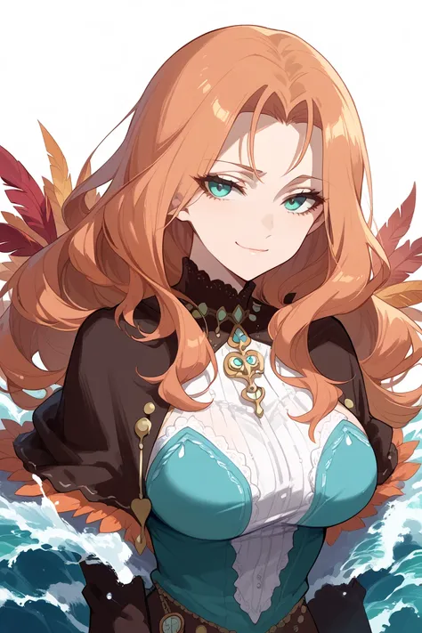  Masterpiece,  top quality,  1 girl, Alone,  Fecornelia ,  long hair ,  orange hair,  wave hair,  long hair, Cyan eyes, ((Idol clothes)), Chest,   feather trim  ,  detachable sleeves,  side slits,   viewer,  Watch Viewers ,  upper body,  smug ,  portrait, ...