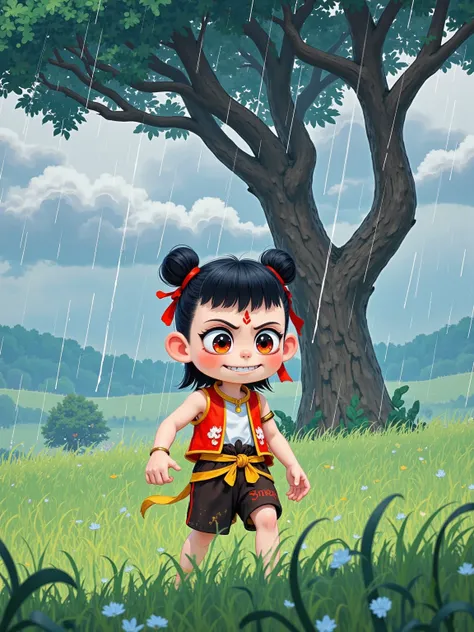 Aobing, Nezha, looking up, rain, heavy rain, wet clothes, sketch, draw, bold line art, line art, walking, sneaker, from side, grass fields, tree, cloud, sky, (best quality,ultra detailed)