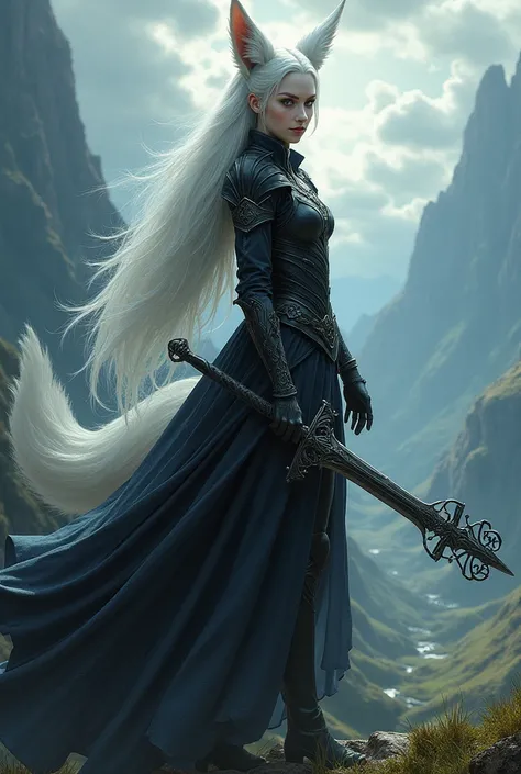 To a girl with fox ears and fox tail white hair sky blue eyes white skin with black armor holding a sword with a dark aura and a landscape in the background 