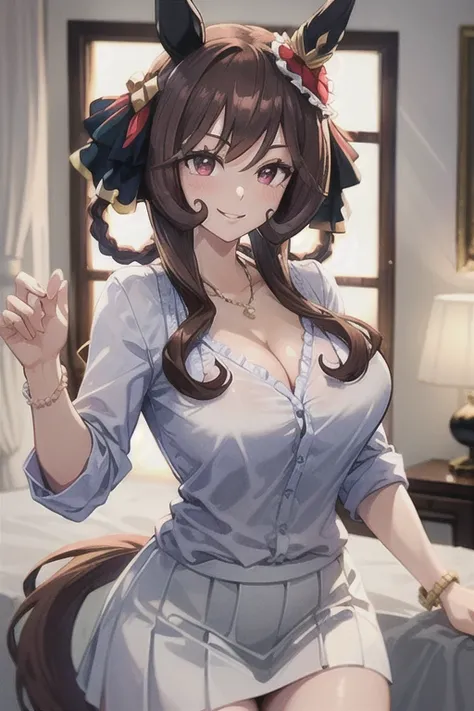 gentildonna,umamusume,1girl, animal ears, solo, purple eyes, horse tail,large breasts,,light smile,best quality,Luxury hotel room,(white blouse:1.2),(mini skirt:1.1),pearl necklace,wedding band,brown eyes, hair bun, jewelry, large breasts,brown hair,(35 ye...