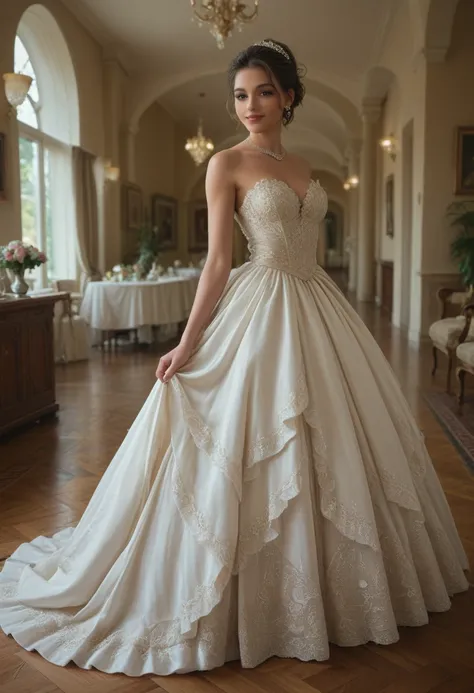 lovely 15 yr old girl ,  in a quinceañera dress,  elegant dress ,  long dress , with decorations ,  puffy dress 