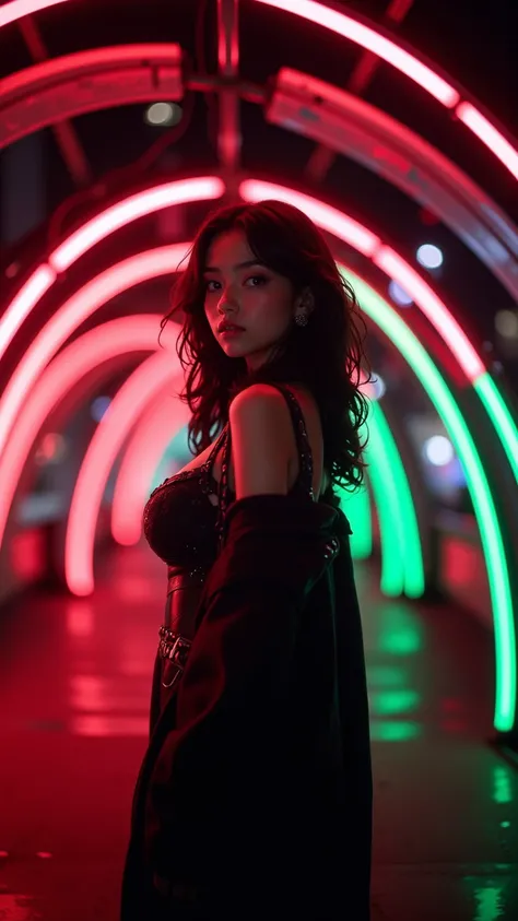  A young woman stands in a futuristic neon tunnel， arc-lit neon all around ， with red and green accents 。 She looks like twenty ， reveals a mysterious atmosphere 。CGI masterpiece ， bright color ，The details are complicated。