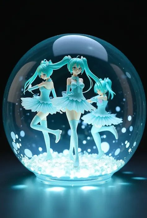  blue clear glass figurines、Beautiful Hatsune Miku  、Inside a glass round container 、  pose , top quality、 light up from the ground 