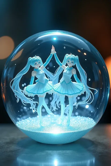  blue clear glass figurines、Beautiful Hatsune Miku  、Inside a glass round container 、  pose , top quality、 light up from the ground 