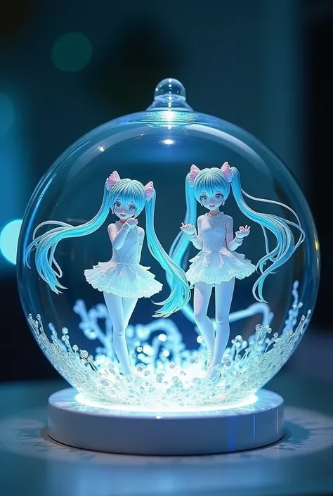  blue clear glass figurines、Beautiful Hatsune Miku  、Inside a glass round container 、  pose , top quality、 light up from the ground 