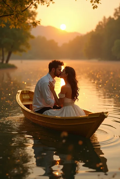 Imagine romantic couple kiss on gold boat on the lake